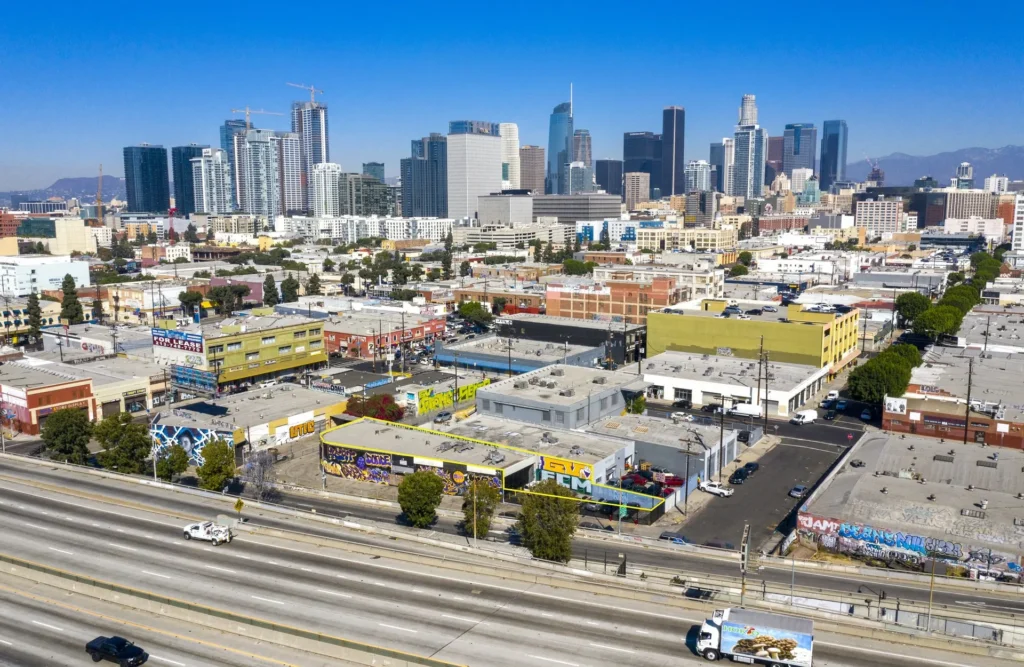 Industrial property near downtown Los Angeles with the skyline behind